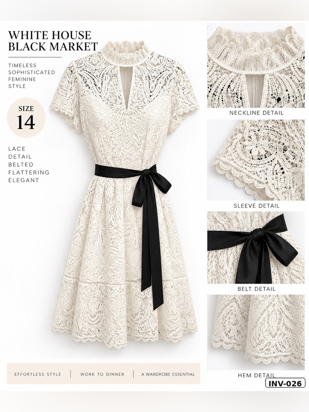 White House Black Market White Lace Fit-and-Flare Dress with Black Satin Belt